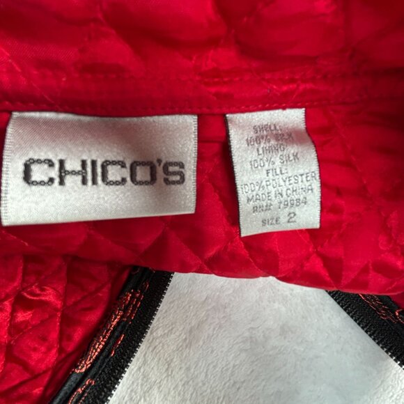 Chico's Womens Quilted Lantern Print Jacket Size 2 Red Silk Zip Up Lightweight - Picture 3 of 8